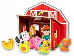 DOMEK DREWNIANY UKŁADANKA FARMA WIEŚ ZWIERZĘTA FIGURKI SMILY PLAY