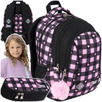 PLECAK SZKOLNY ST.RIGHT BP-26 2w1 PIÓRNIK SASZETKA RÓŻOWA SZACHOWNICA