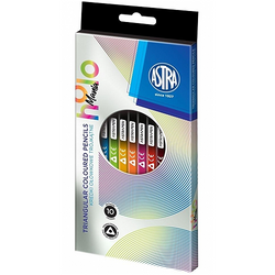 KREDKI OŁÓWKOWE TRÓJKĄTNE 10 KOLORÓW CZARNE DREWNO HOLO MANIA ASTRA PEN