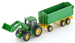  METALOWY TRAKTOR JOHN DEERE Z ŁADOWARKĄ I PRZYCZEPĄ SIKU FARMER 1843 1:50