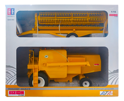 KOMBAJN ZBOŻOWY Z PRZYCZEPĄ NA HEDER BIZON Z056 ŻÓŁTY POJAZD ROLNICZY 1:16