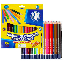 KREDKI OŁÓWKOWE AKWARELOWE 24 KOLORY I PĘDZELEK SZKOLNE ASTRA