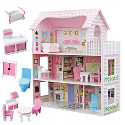 DREWNIANY DOMEK DLA LALEK Z BALKONEM MEBELKI