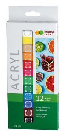FARBY AKRYLOWE W TUBKACH 12 INTENSYWNYCH KOLORÓW x 12 ml HAPPY COLOR