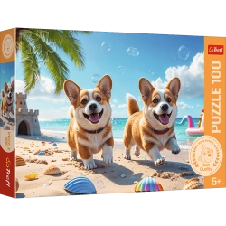 PUZZLE 100 ELEMENTÓW PSY CORGI NA PLAŻY UKŁADANKA DLA DZIECI TREFL 16536