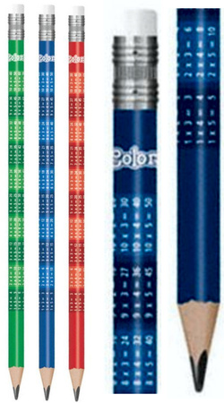 OŁÓWEK SZKOLNY ZE ŚCIĄGĄ TABLICZKĄ MNOŻENIA GUMKĄ COLORINO KIDS - 3 sztuki