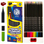 KREDKI OŁÓWKOWE ASTRA Z CZARNEGO DREWNA 12 kolorów z temperówką miękkie