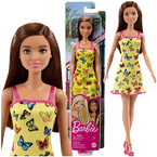 LALKA BARBIE PLAŻOWA ŻÓŁTA SUKIENKA W MOTYLKI DŁUGIE BRĄZOWE WŁOSY 30cm