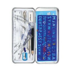 ZESTAW GEOMETRYCZNY CYRKIEL LINIJKA EKIERKA 11 EL. W METALOWYM ETUI KEYROAD