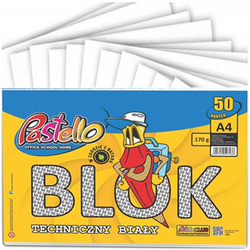 BLOK TECHNICZNY A4 BIAŁY 50 KARTEK 170g SZKOLNY NA PLASTYKĘ PASTELLO