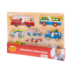 UKŁADANKA DREWNIANA POJAZDY MIEJSKIE AUTKA PUZZLE Z UCHWYTAMI SMILY PLAY