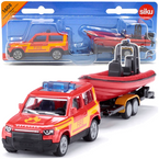 SAMOCHÓD LAND ROVER DEFENDER Z ŁODZIĄ STRAŻ METALOWY 1608 SIKU