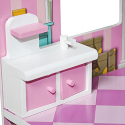 DREWNIANY DOMEK DLA LALEK Z BALKONEM MEBELKI