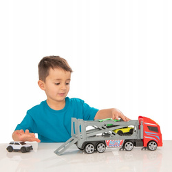 LAWETA Z AUTKAMI SAMOCHODAMI NA BATERIE DŹWIĘKI ŚWIECI FLOTA MIEJSKA DUMEL