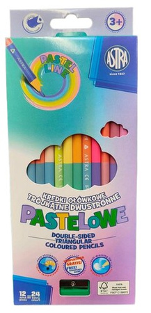 KREDKI OŁÓWKOWE TRÓJKĄTNE DWUSTRONNE PASTELOWE 12 kredek = 24 kolory ASTRA