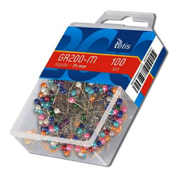 SZPILKI KOLOROWE PLASTIKOWE GŁÓWKI W PUDEŁKU GR200-M TETIS 34mm 100 szt.