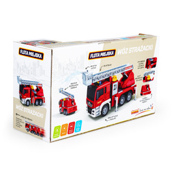 WÓZ STRAŻACKI STRAŻ POŻARNA CIĘŻARÓWKA Z DRABINĄ PRYSKA WODĄ ŚWIECI DUMEL