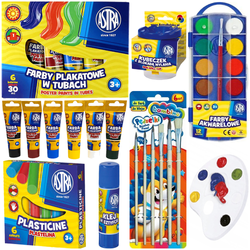WYPRAWKA SZKOLNA FARBY W TUBKACH PLASTELINA PĘDZELKI ASTRA