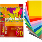 PAPIER KOLOROWY KRESKA FORMAT A4 60 KARTEK 12 KOLORÓW 210g