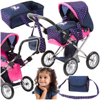 WÓZEK DLA LALEK GŁĘBOKI CITY STAR W SERDUSZKA Z TOREBKĄ GRANATOWY BAYER