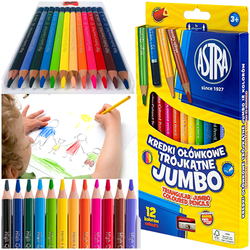 KREDKI ASTRA GRUBE OŁÓWKOWE JUMBO TRÓJKĄTNE 12 kolorów SZKOLNE TEMPERÓWKA
