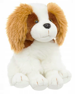 MASKOTKA PIESEK PLUSZAK SIEDZĄCY BIAŁO-BRĄZOWY PRZYTULANKA MIĘCIUTKI 28 cm