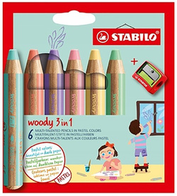 KREDKI OŁÓWKOWE WOODY 3w1 6 KOLORÓW PASTELOWE + TEMPERÓWKA STABILO