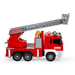 WÓZ STRAŻACKI STRAŻ POŻARNA CIĘŻARÓWKA Z DRABINĄ PRYSKA WODĄ ŚWIECI DUMEL