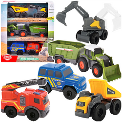 ZESTAW POJAZDÓW KOPARKA WYWROTKA TRAKTOR Z PRZYCZEPĄ STRAŻ DICKIE TOYS
