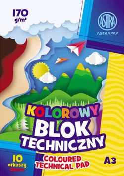 BLOK TECHNICZNY KOLOROWY A3 10 ARKUSZY 170g SZKOLNY ASTRA - 3 sztuki
