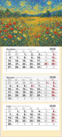 KALENDARZ ŚCIENNY TRÓJDZIELNY Z NUMERACJĄ TYGODNI POLE MAKÓW 2026 ROK