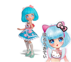 LALKA PRETTY PINK HELLO KITTY MANGA MODA JAPOŃSKA PRZEGUBOWA TURKUSOWA