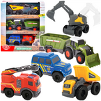 ZESTAW POJAZDÓW KOPARKA WYWROTKA TRAKTOR Z PRZYCZEPĄ STRAŻ DICKIE TOYS