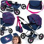 WÓZEK DLA LALEK GŁĘBOKI COSY W SERDUSZKA Z TOREBKĄ GRANATOWY BAYER