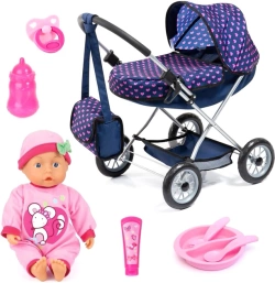 WÓZEK Z LALKĄ BOBAS NIEMOWLĘ AKCSESORIA TORBA 9w1 GŁĘBOKI SERDUSZKA BAYER