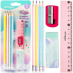 ZESTAW SZKOLNY KEYROAD PASTEL LINIJKA TEMPERÓWKA GUMKA 4x OŁÓWEK Z GUMKĄ HB