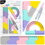 ZESTAW GEOMETRYCZNY LINIJKA EKIERKA KĄTOMIERZ CYRKIEL PUZZLE PASTEL KIDEA