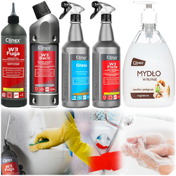 CLINEX ZESTAW DO CZYSZCZENIA ŁAZIENKA 5w1 FUGA WC KAMIEŃ MYDŁO LUSTRA