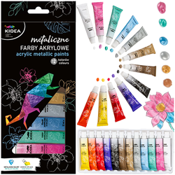 FARBY AKRYLOWE SZKOLNE METALICZNE INTENSYWNE NASYCONE 12 KOL. 12ml - KIDEA 