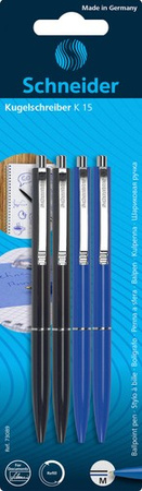 DŁUGOPIS AUTOMATYCZNY SCHNEIDER K15 2 x NIEBIESKI + 2 x CZARNY TUSZ OLEJOWY