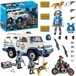 PLAYMOBIL TRANSPORTER PIENIĘDZY POLICJA CIĘŻARÓWKA PANCERNA MOTOCYKL AUTO