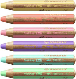 KREDKI OŁÓWKOWE WOODY 3w1 6 KOLORÓW PASTELOWE + TEMPERÓWKA STABILO