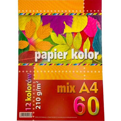 PAPIER KOLOROWY KRESKA FORMAT A4 60 KARTEK 12 KOLORÓW 210g