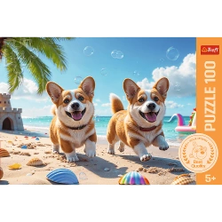 PUZZLE 100 ELEMENTÓW PSY CORGI NA PLAŻY UKŁADANKA DLA DZIECI TREFL 16536