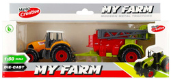 TRAKTOR METALOWY Z OPRYSKIWACZEM Z NAPĘDEM CIĄGNIK FARMA 1:50 RANCZO POJAZD