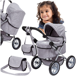 WÓZEK DLA LALEK TREDNY GŁĘBOKI SZARY Z TOREBKĄ WYTRZYMAŁY BAYER