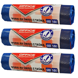 WORKI NA ŚMIECI Z TAŚMĄ OFFICE PRODUCTS 10 SZTUK 60L NIEBIESKIE - 3 sztuki