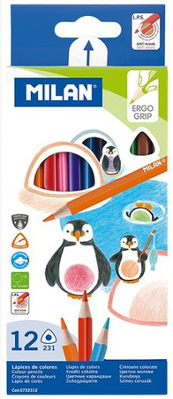 KREDKI OŁÓWKOWE TRÓJKĄTNE SZKOLNE MIĘKKIE 2.9mm 12 ŻYWYCH KOLORÓW MILAN