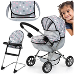 WÓZEK DLA LALEK GŁĘBOKI COSY W GWIAZDKI Z TOREBKĄ SZARY KRZESEŁKO BAYER