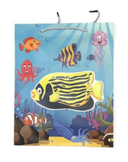 TORBA PREZENTOWA BROKATOWA TOREBKA MORSKA GŁĘBINA RYBY SYRENKA 26x32x10 CM